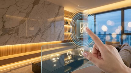 Smart home automation system controlling curtains in a modern living room