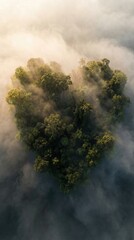 Aerial view of a heart-shaped forest in the clouds, representing love and nature