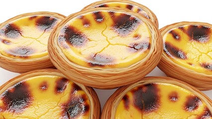 Close up of golden brown Portuguese custard tarts with flaky pastry pastel de nata egg tart
