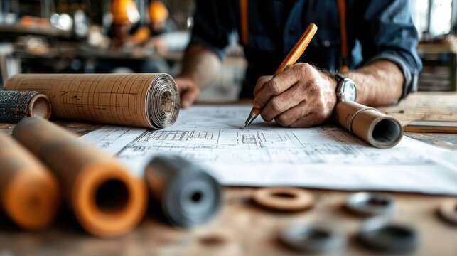 A close-up shot of a man's hand writing on blueprints, surrounded by rolled plans and tools in a workshop setting.