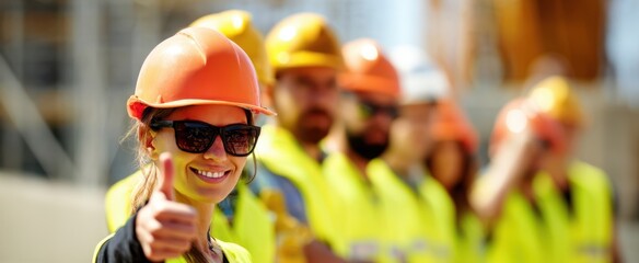 The construction worker giving a thumbs up leads a smiling high visibility safety team