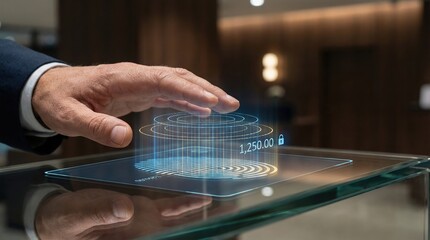 Man's hand interacting with a futuristic digital interface for security