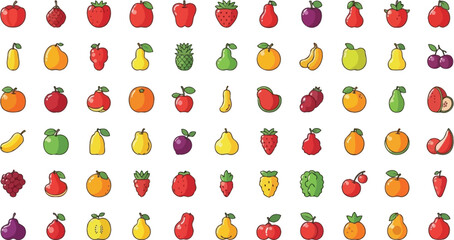 Vibrant Fruits Vector Icon Collection – Colorful Assorted Tropical and Organic Fruit Illustrations for Creative Food Branding and Digital Artwork