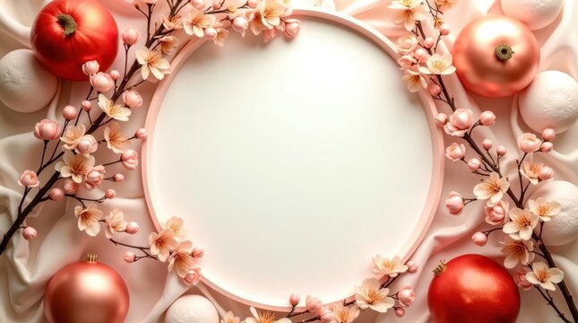 A white circle with pink flowers and red balls surrounding it