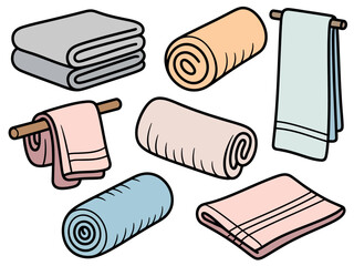 A collection of neatly folded and rolled towels in various colors and textures are displayed against a white background.