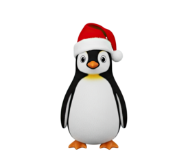 A cute cartoon penguin wearing a Santa hat, standing against a png transparent.