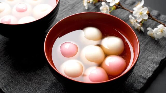 Close Up Of Japanese Sweet Dumplings In A Bowl Of Water With Cherry Blossoms And Dark Textured Background Traditional Dessert Food Photography