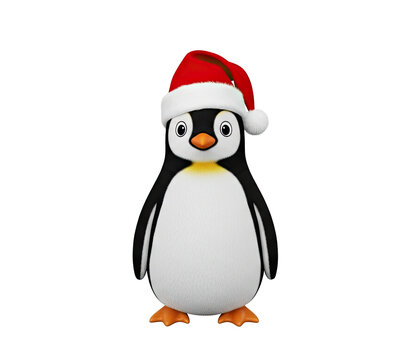 A cute cartoon penguin wearing a Santa hat, standing against a png transparent.