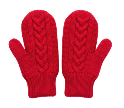 A pair of red, knitted mittens with cable patterns on a png transparent.