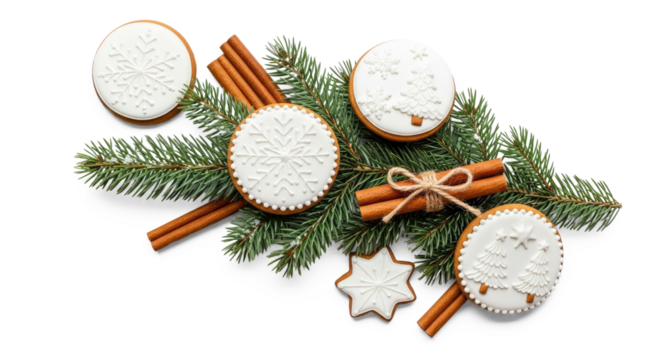 Christmas cookies and cinnamon sticks on a png transparent with pine branches.
