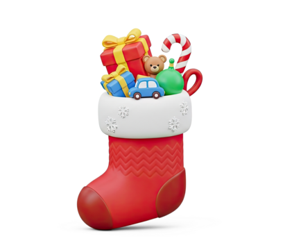 A red Christmas stocking filled with toys and gifts.