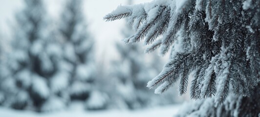 The Frosted Pine Branch Draped in Snow in a Quiet Winter Forest