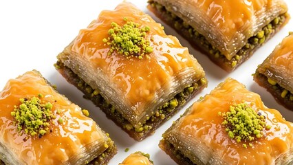 Close up of layered baklava pastries topped with chopped pistachios and syrup pastry dessert