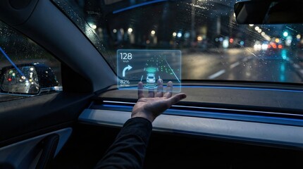 Futuristic car interior with heads-up display showing navigation and speed at night