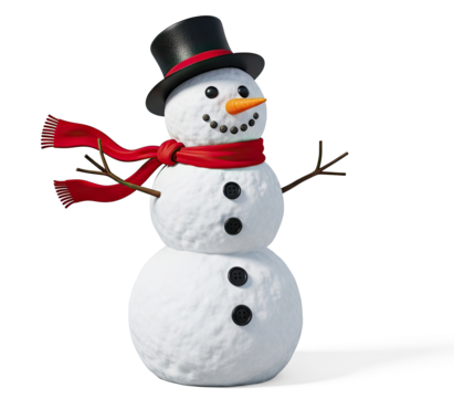 A snowman with a red scarf and black hat, standing on a png transparent.