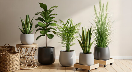 Fototapeta premium Indoor Potted Plants Green Variety Home Decor Light Wall Copy Space