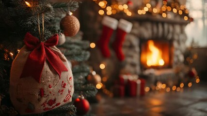 Charming Christmas tree decorated with ornaments beside a glowing fireplace, creating a warm, cozy holiday atmosphere in a living room on a snowy winter evening - Powered by Adobe