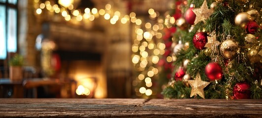 The Christmas tree decorated with red and gold ornaments near a cozy fireplace