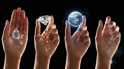 Hands holding water, diamond, Earth, and water droplets against a black background