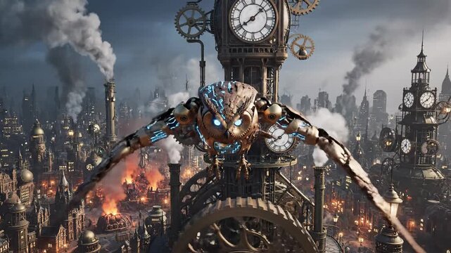 Animated mechanical owl with clockwork wings and city backdrop