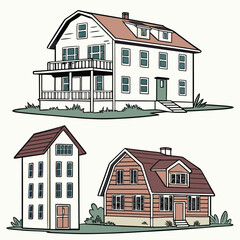 Collection of three different style american house building illustration