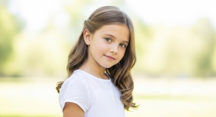 Young girl with long wavy hair smiling outdoors