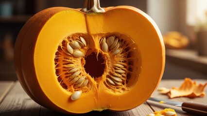 Close up of a halved pumpkin showing its seeds and pulp