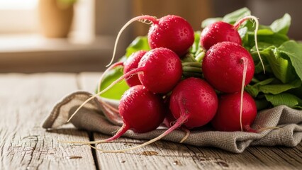 Fresh red radishes with green tops on a rustic wooden table