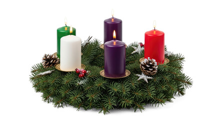 A Christmas wreath with green, purple, and red candles and pine cones on a png transparent.