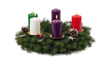 A Christmas wreath with green, purple, and red candles and pine cones on a png transparent.