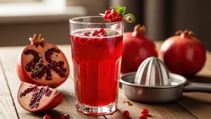 Refreshing pomegranate juice with fresh fruit and juicer