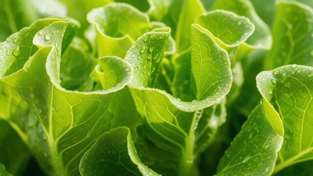 Close up macro shot of fresh green lettuce leaves with water droplets