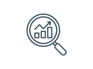 A magnifying glass focuses on a bar chart with an upward trending arrow, symbolizing data analysis and business growth.
