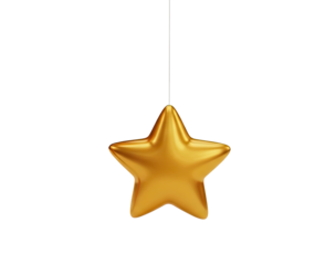 A shiny, golden star hanging from a string against a png transparent.