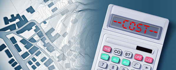 Costs about updating public cadastral digital databases and information about land registry - concept with an imaginary cadastral map of territory with buildings, land parcel and calculator 