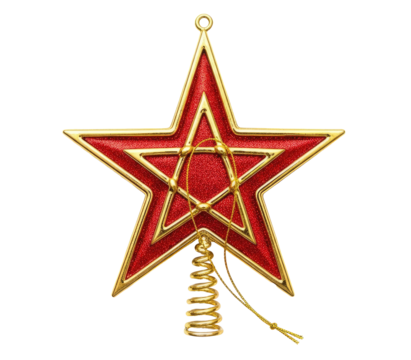 A red and gold star ornament on a png transparent.