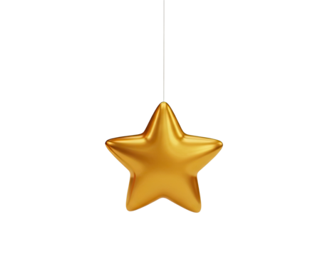 A shiny, golden star hanging from a string against a png transparent.
