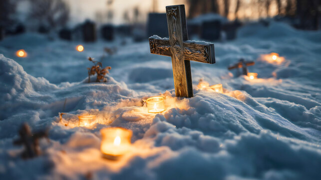 A wooden cross with candles and small saint figurines in the snow, a winter cemetery decoration for All Saints Day, a peaceful grave memorial with warm lighting.