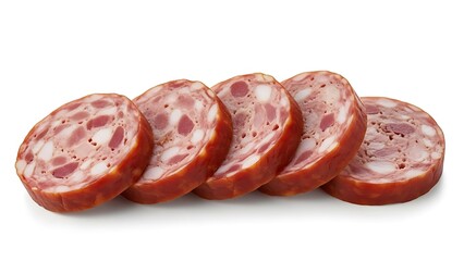 Five Sliced Rounds of Smoked Sausage with Visible Fat and Meat Chunks food pork