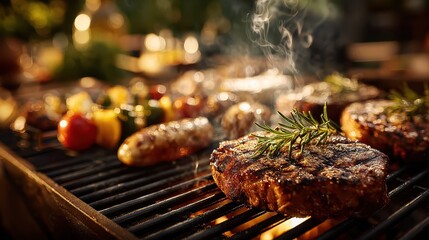 Grilled steak and vegetables with rosemary and steam at summer barbecue. Use for food blog posts, BBQ promotions, or restaurant advertisements.