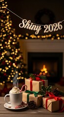 Christmas scene with gifts cup of coffee and a blurred christmas tree