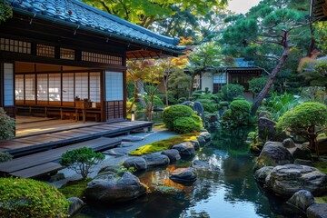 Obraz premium Traditional Japanese garden featuring a serene pond and wooden architecture amidst lush greenery.