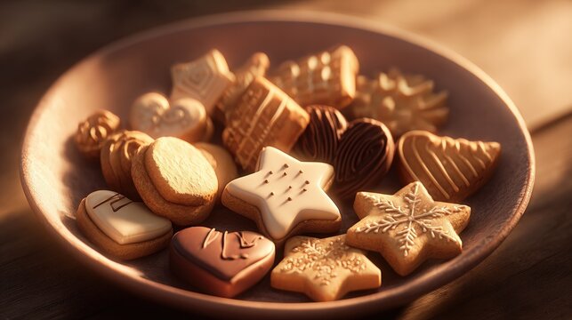 Close up of assorted festive biscuits and iced cookies arranged on a brown wooden plate - Powered by Adobe