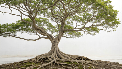 Majestic Wide Tree with Extensive Root System on White Background