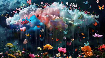 A colorful cloud gently rains butterflies and flowers, filling the scene with a magical, whimsical, and dreamlike atmosphere