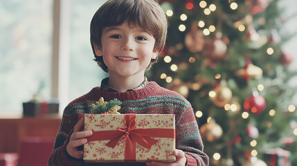 Happy young boy holding a christmas gift in front of a decorated tree, smiling at camera