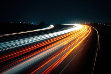 Streaks of car headlights illuminate the dark highway at night in long exposure. Showcasing speed, travel, and modern life, a vibrant background image.