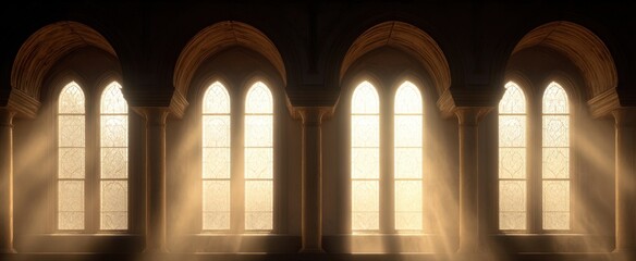 The cathedral windows casting warm golden sunbeams into a serene historic stone sanctuary interior