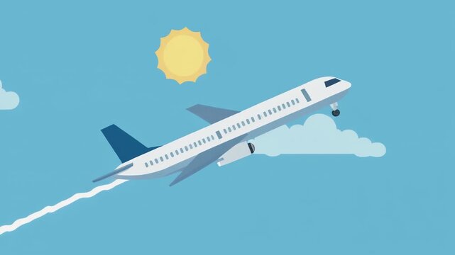 vector animation of an airplane flying across a clear blue sky, with clouds moving. 4k