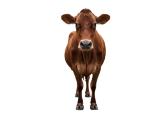 a majestic adult jersey dairy cow with a reddish-brown coat and healthy udder, detailed muzzle, standing still on a transparent infinity cove background, high-key studio lighting concept of modern